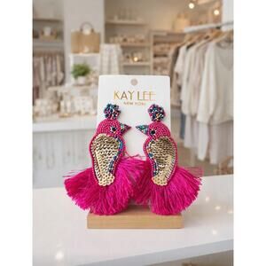 Kay Lee Hot Pink Gold Beased Bird Earrings New